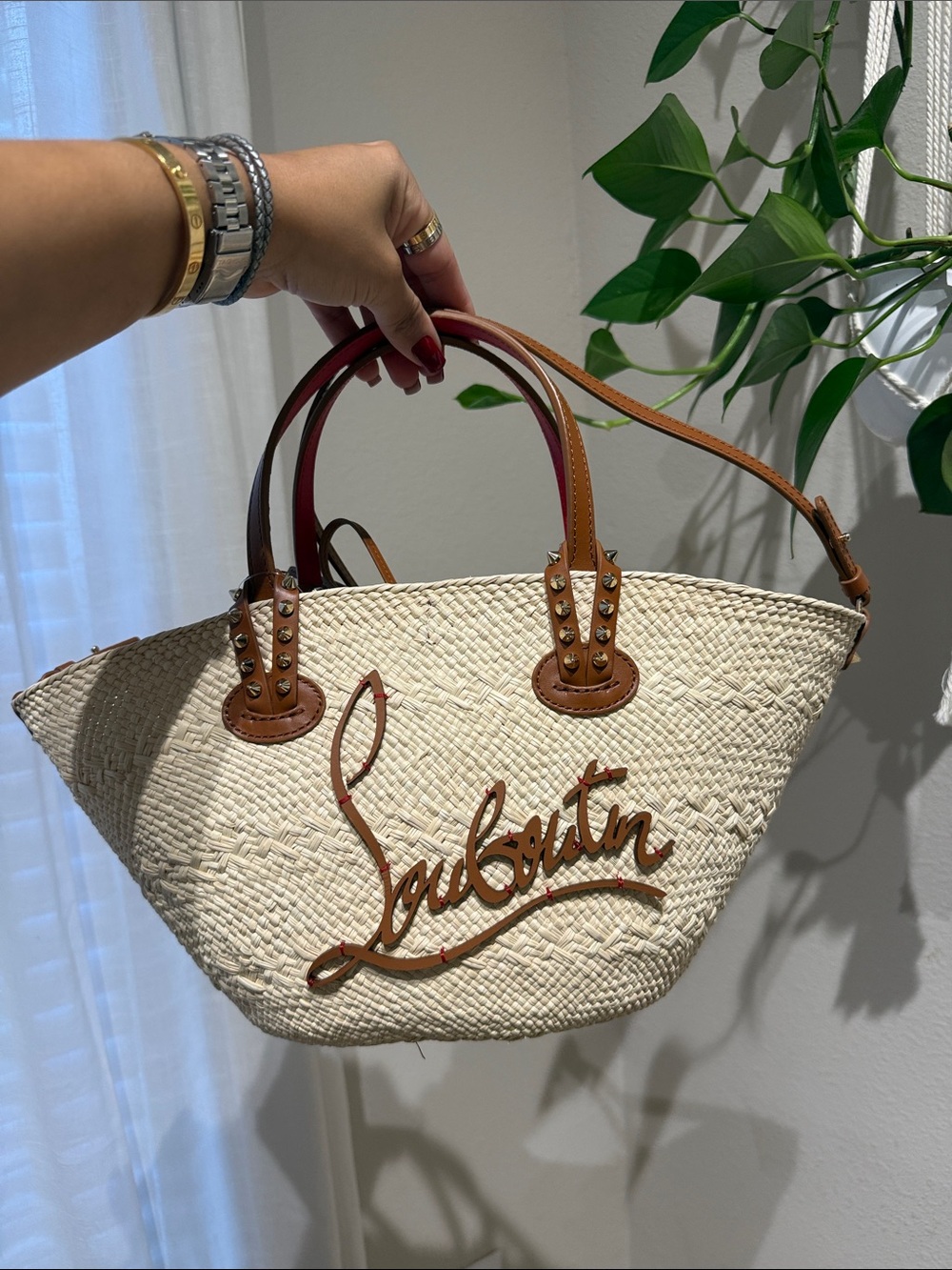 NWT Christian Louboutin Natural Straw Tote with Brown Leather Trim